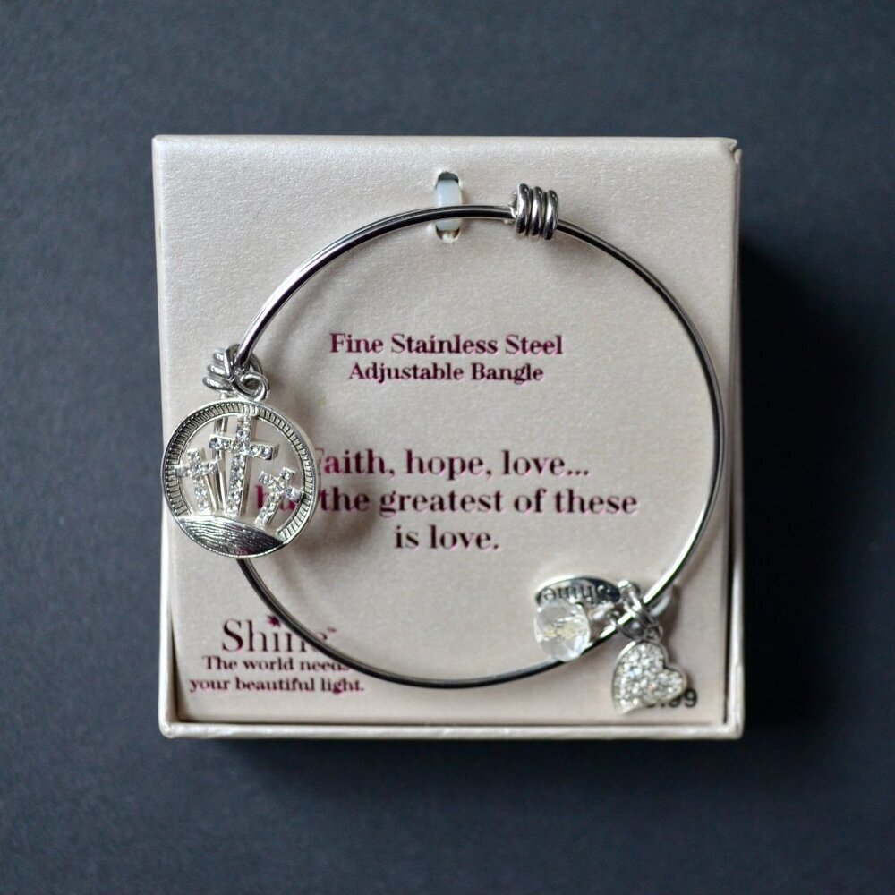 Shine Faith Hope Love Fine Stainless Steel Adjustable Bangle Bracelet New
